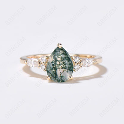 14K Yellow Gold Teardrop Moss Agate Engagement Ring