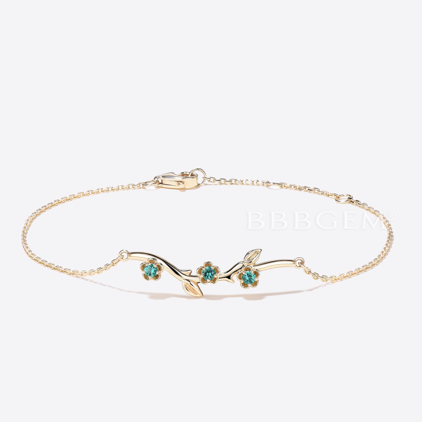 14k Solid Gold Leaf Bracelet Nature Inspired Emerald Floral Bracelet