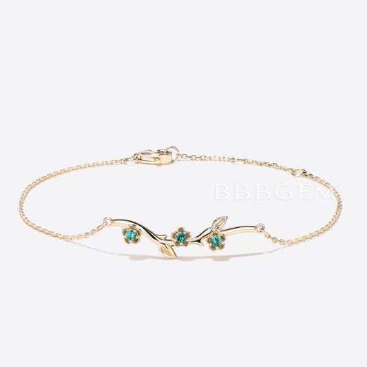 14k Solid Gold Leaf Bracelet Nature Inspired Emerald Floral Bracelet