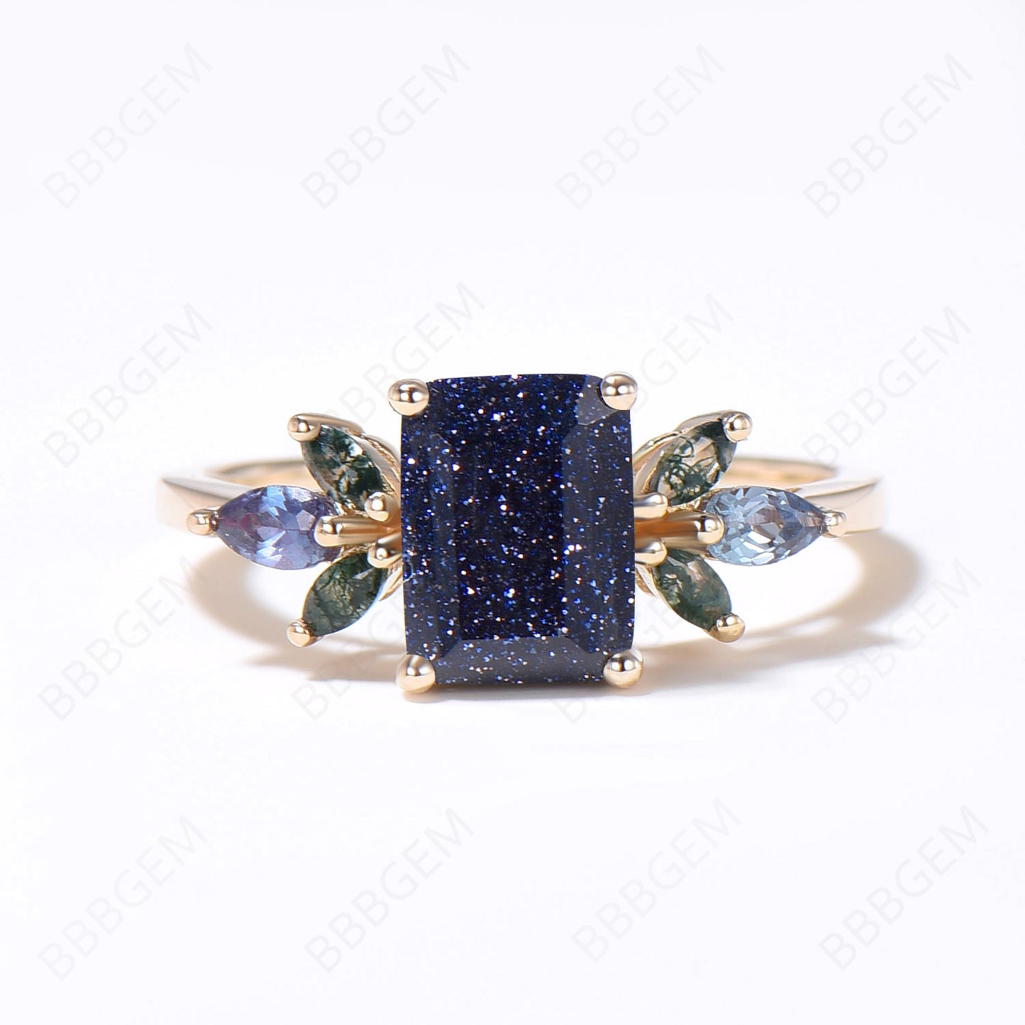 2ct Emerald Cut Starry Sky Blue Sandstone Engagement Ring 14k Gold Blue Goldstone Ring Cluster Alexandrite Agate Ring 7 Stones Ring