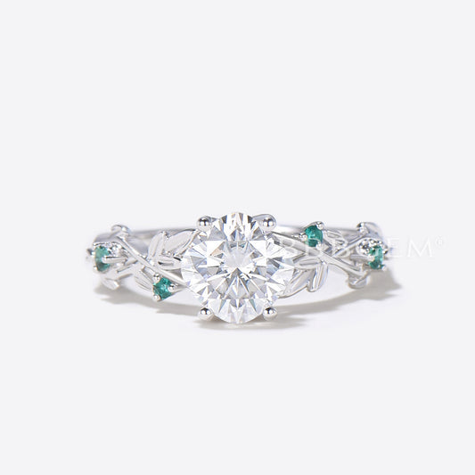 Cushion Cut Moissanite Engagement Ring White Gold Leaf Emerald Ring