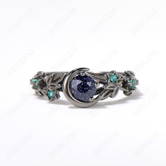 Unique Black Gold Starry Sky Blue Sandstone Ring Celestial Moon Blue Goldstone Ring Nature Inspired Leaf Emerald Wedding Ring Witchy Ring Gift