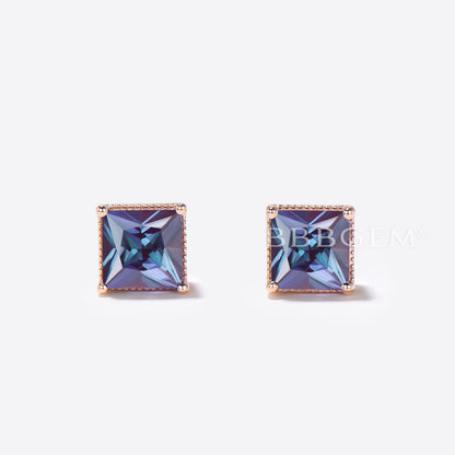 Princess Cut Alexandrite Stud Earrings Minimalist June Birthstone Wedding Earrings