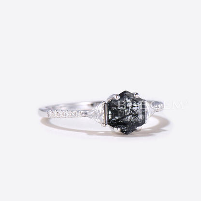 Hexagon Black Rutilated Quartz Engagement Ring Diamond Ring