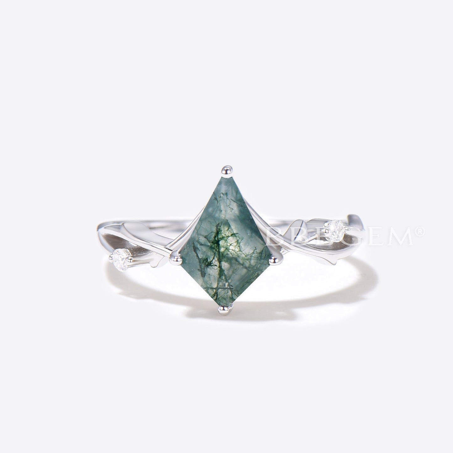 Twig Kite Moss Agate Ring Silver Green Moss Engagement Ring