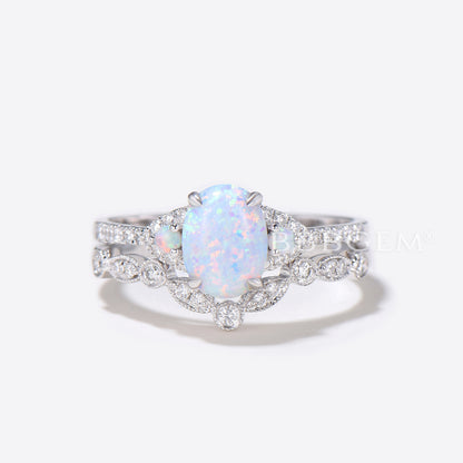 Three Stone Oval Opal Wedding Engagement Ring Set Rose Gold Diamond Matching Band