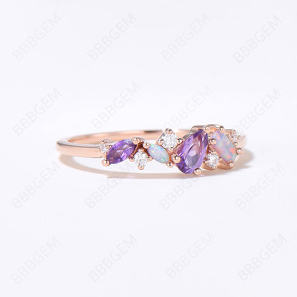 Vintage Pear Amethyst Wedding Band Rose Gold Opal Moissanite Cluster Wedding Ring Art Deco Mixed Stone Promise Band Multi Birthstone Ring Everyday Band