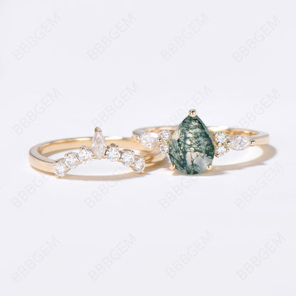 14K Yellow Gold Teardrop Moss Agate Engagement Ring