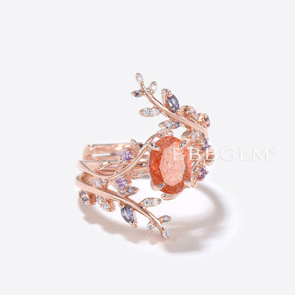 Leaf Oval Sunstone Engagament Ring Rose Gold Enhancer Guard Ring Set