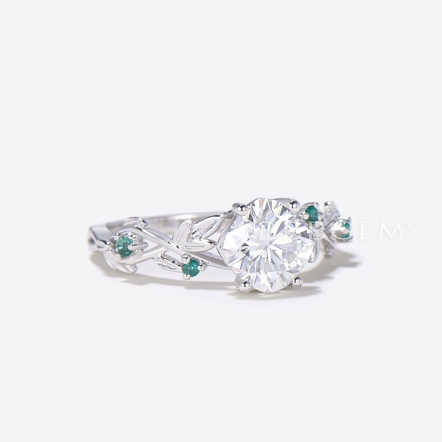 Cushion Cut Moissanite Engagement Ring White Gold Leaf Emerald Ring