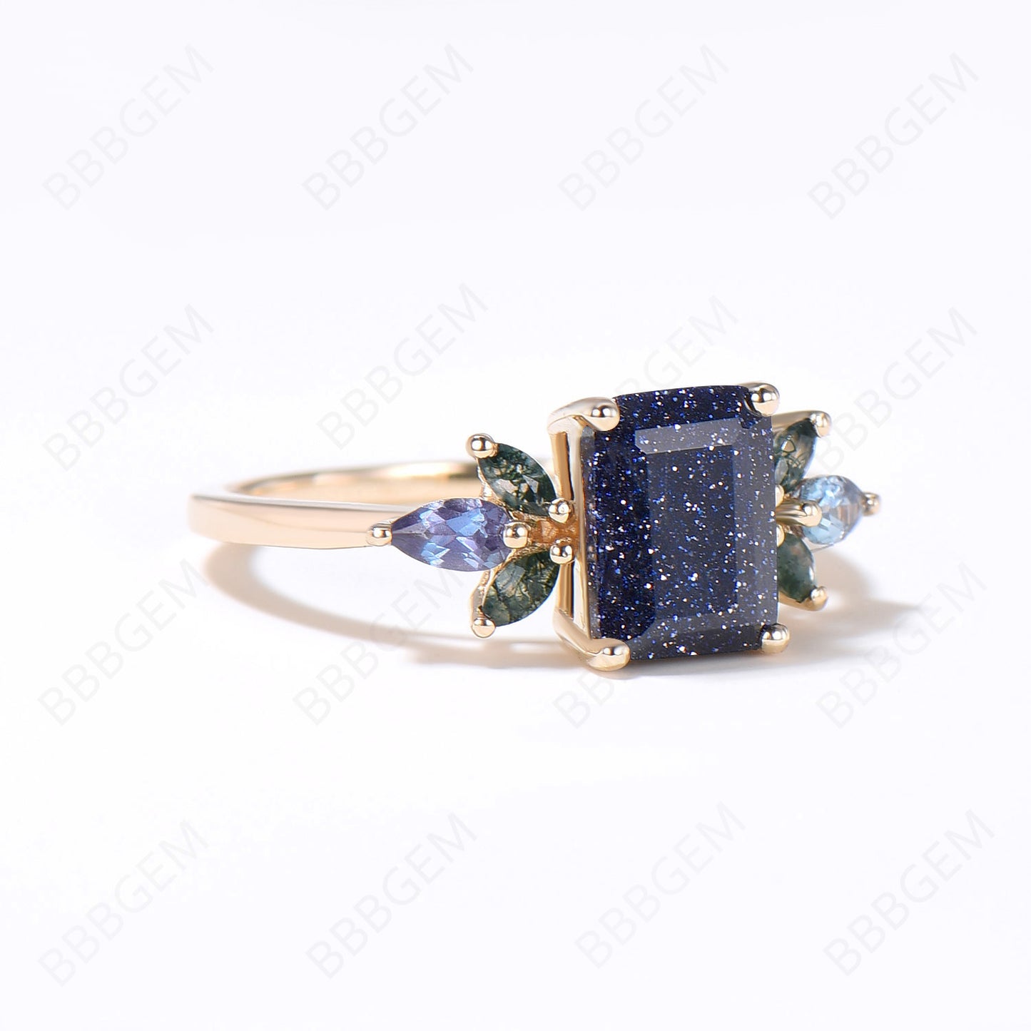 2ct Emerald Cut Starry Sky Blue Sandstone Engagement Ring 14k Gold Blue Goldstone Ring Cluster Alexandrite Agate Ring 7 Stones Ring