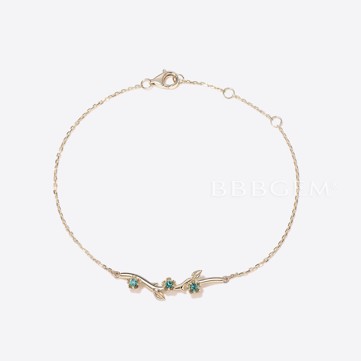 14k Solid Gold Leaf Bracelet Nature Inspired Emerald Floral Bracelet