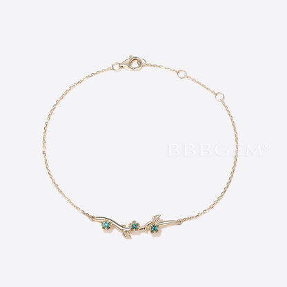 14k Solid Gold Leaf Bracelet Nature Inspired Emerald Floral Bracelet