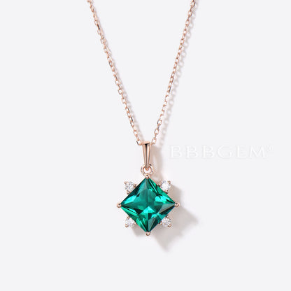 3ct Princess Cut Emerald Necklace Gold Moissanite Five Stone Pendant