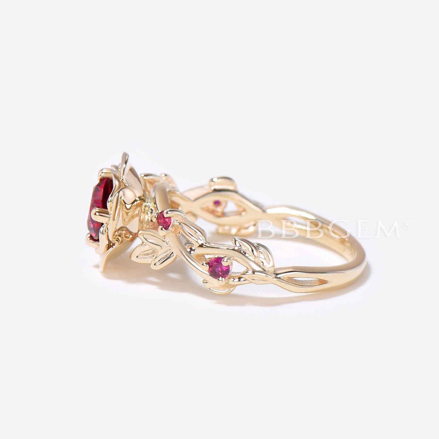 Floral Round Ruby Engagement Ring Solid Gold Leaf Bridal Ring Rose Flower July Birthstone Wedding Ring