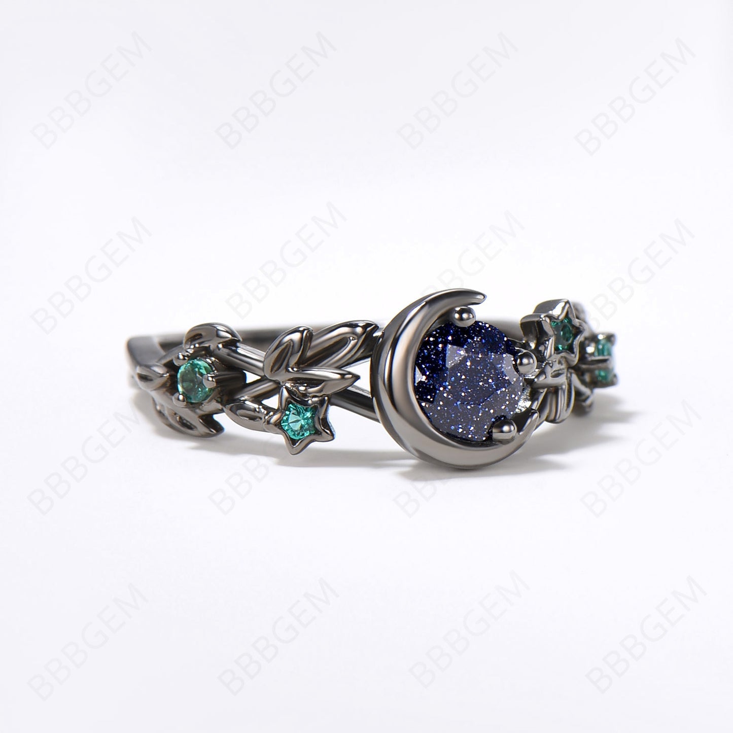 Unique Black Gold Starry Sky Blue Sandstone Ring Celestial Moon Blue Goldstone Ring Nature Inspired Leaf Emerald Wedding Ring Witchy Ring Gift