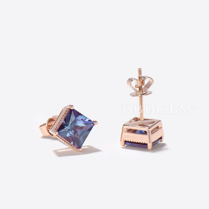 Princess Cut Alexandrite Stud Earrings Minimalist June Birthstone Wedding Earrings