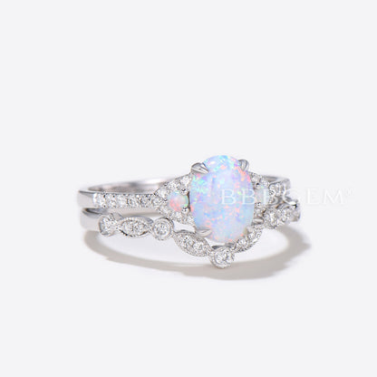 Three Stone Oval Opal Wedding Engagement Ring Set Rose Gold Diamond Matching Band