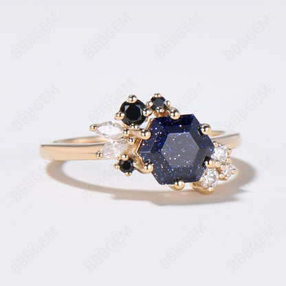 Hexagon Blue Sandstone Ring Cluster Engagement Ring