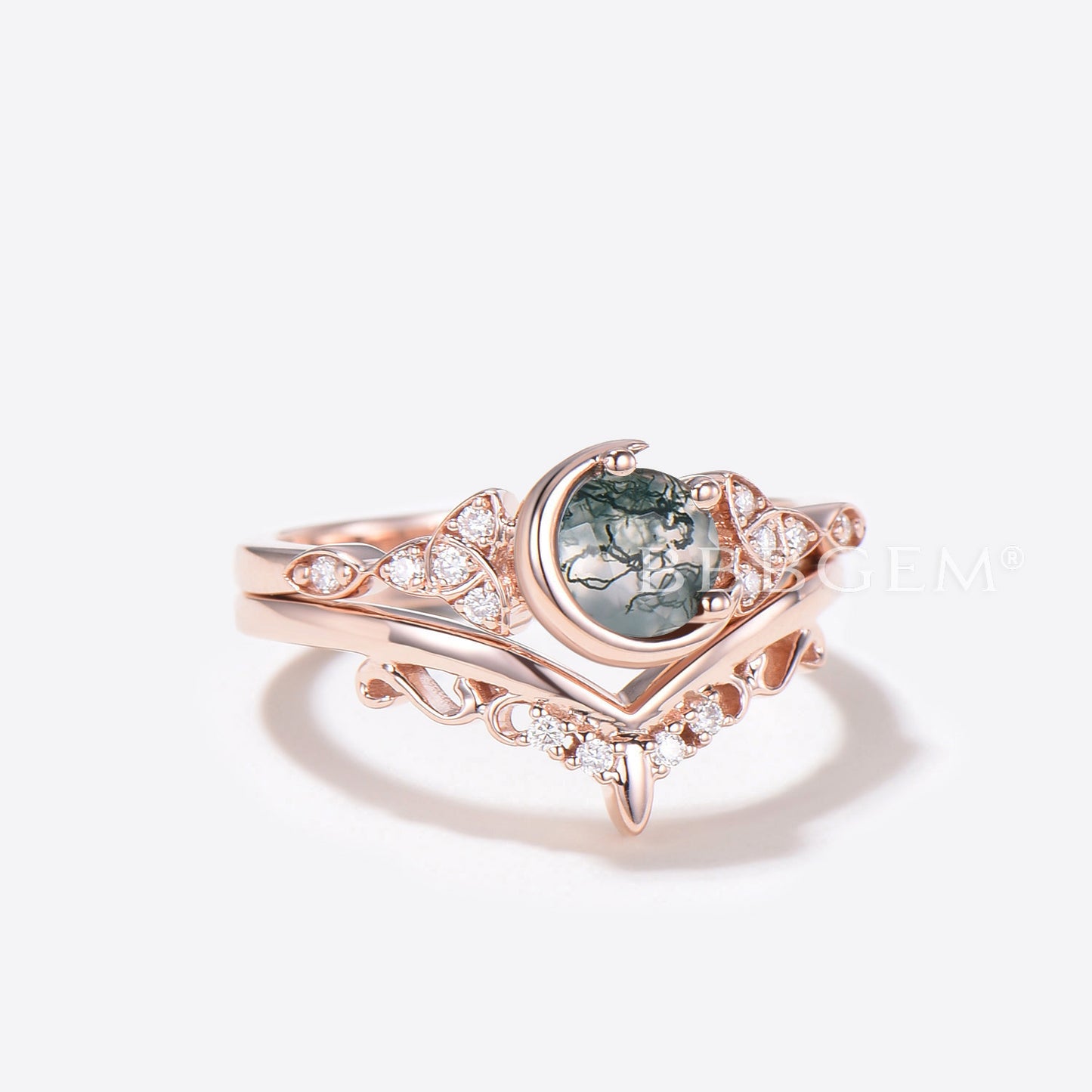 Celestial Moon Moss Agate Engagement Ring Celtic Diamond RIng