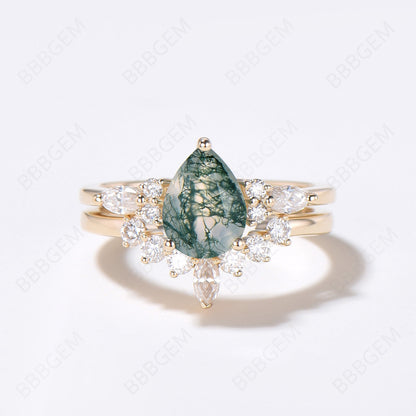 14K Yellow Gold Teardrop Moss Agate Engagement Ring