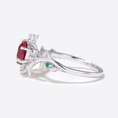 Double Snake Hexagon Cut Ruby Engagement Ring Floral Leaf Ring