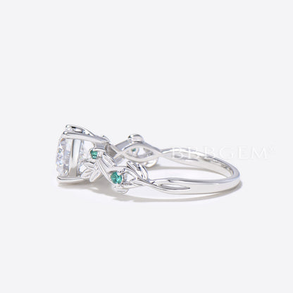 Cushion Cut Moissanite Engagement Ring White Gold Leaf Emerald Ring