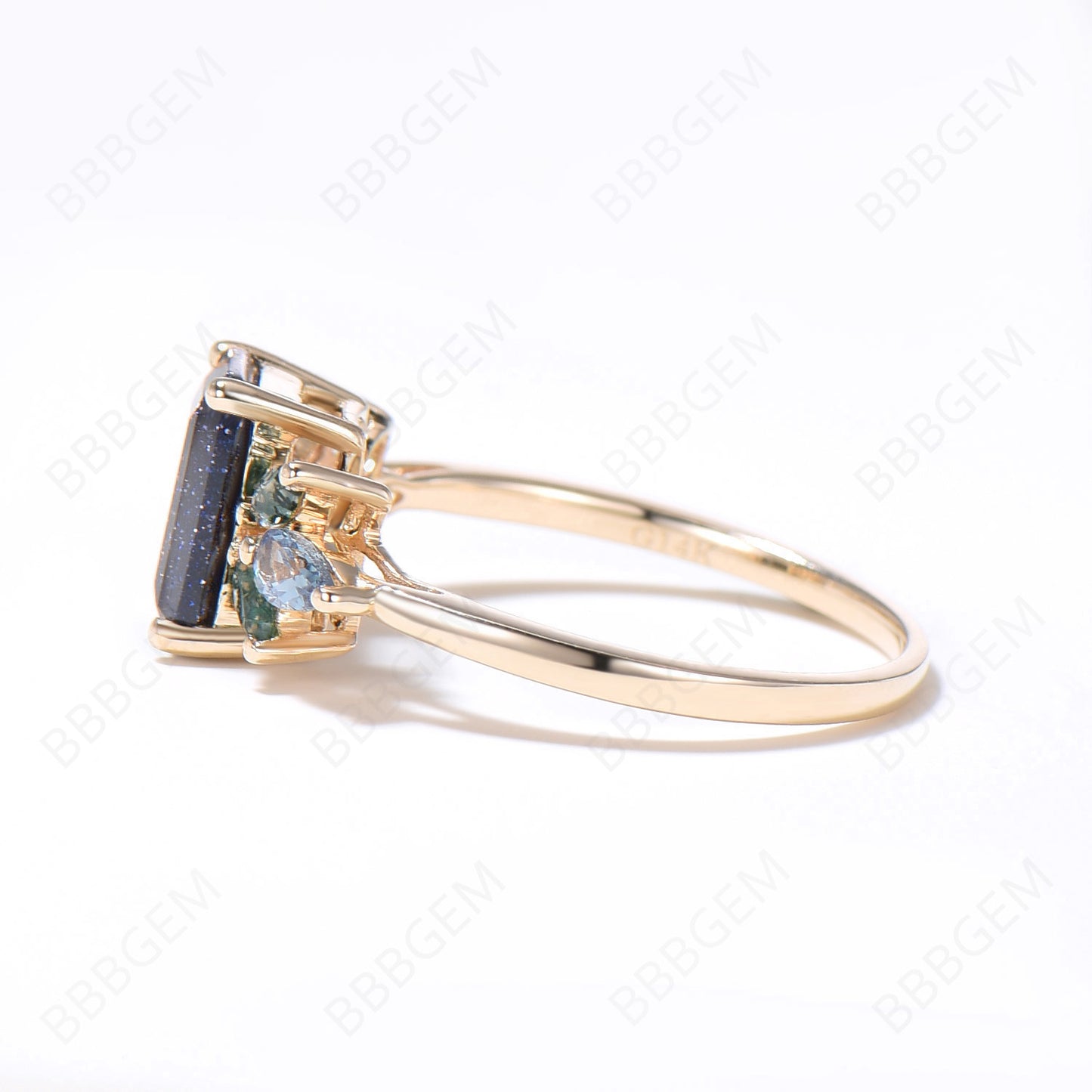 2ct Emerald Cut Starry Sky Blue Sandstone Engagement Ring 14k Gold Blue Goldstone Ring Cluster Alexandrite Agate Ring 7 Stones Ring