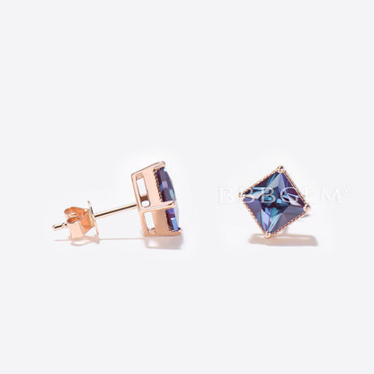 Princess Cut Alexandrite Stud Earrings Minimalist June Birthstone Wedding Earrings