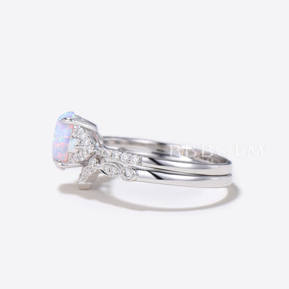 Three Stone Oval Opal Wedding Engagement Ring Set Rose Gold Diamond Matching Band