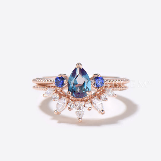 Vintage Pear Shaped Alexandrite And Sapphire Engagement Ring Set Moissanite/Diamond Mattching Band