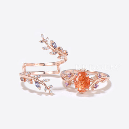 Leaf Oval Sunstone Engagament Ring Rose Gold Enhancer Guard Ring Set