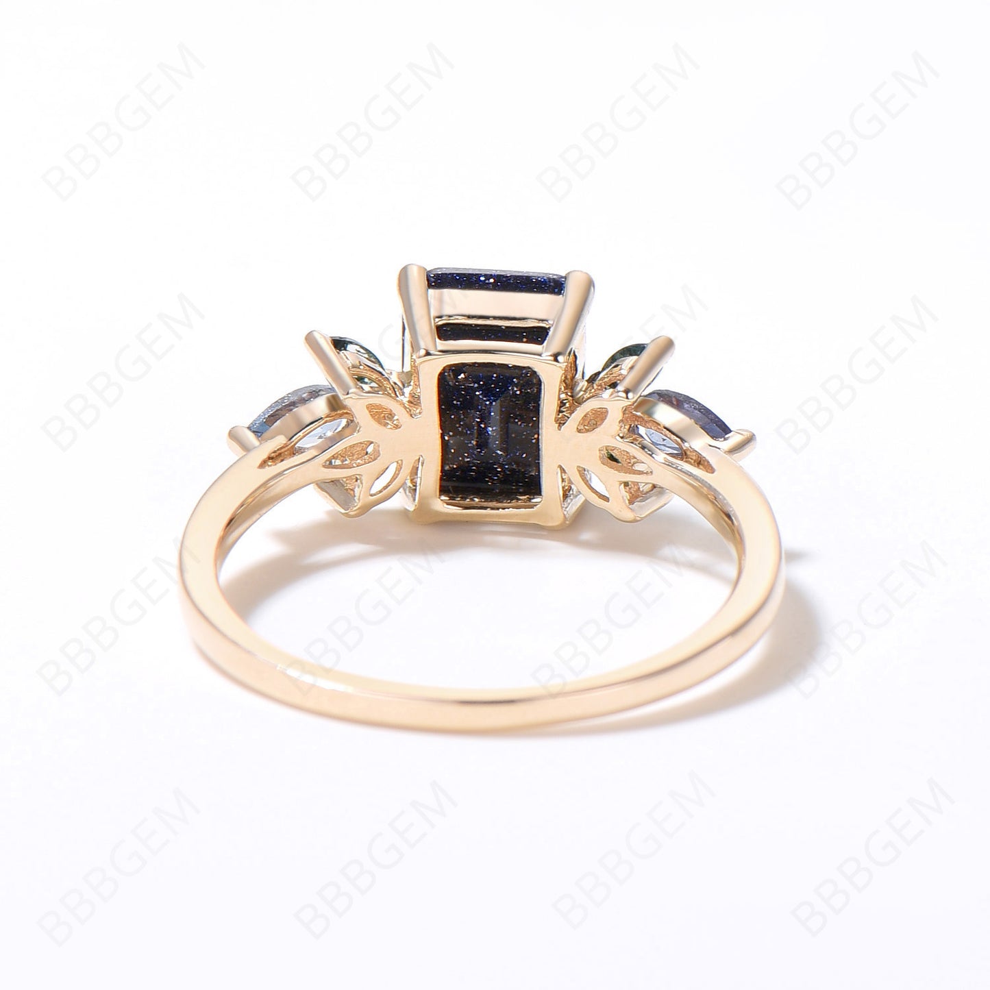 2ct Emerald Cut Starry Sky Blue Sandstone Engagement Ring 14k Gold Blue Goldstone Ring Cluster Alexandrite Agate Ring 7 Stones Ring