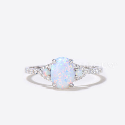 Three Stone Oval Opal Wedding Engagement Ring Set Rose Gold Diamond Matching Band