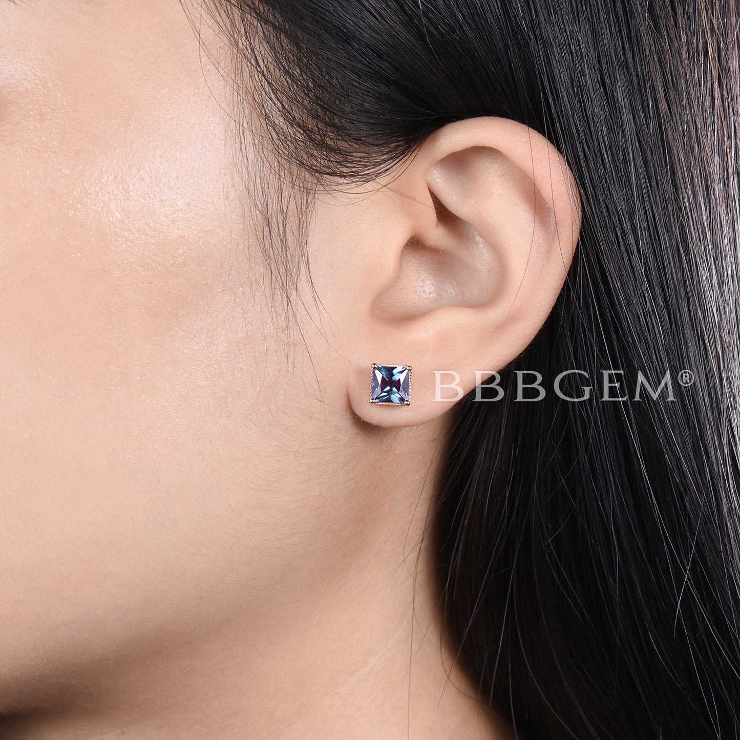 Princess Cut Alexandrite Stud Earrings Minimalist June Birthstone Wedding Earrings