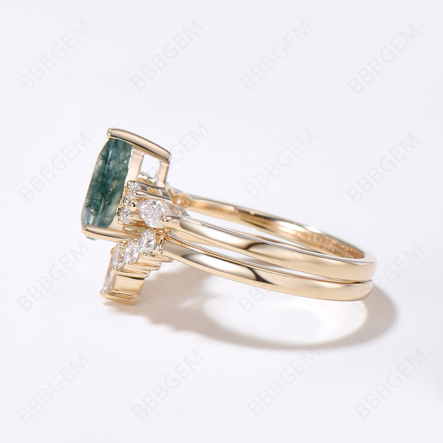 14K Yellow Gold Teardrop Moss Agate Engagement Ring