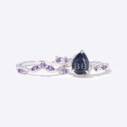 Twig Leaf Pear Blue Sandstone Ring Set Cluster Amethyst Ring