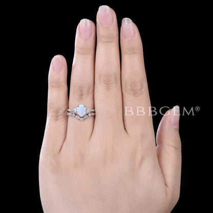 Three Stone Oval Opal Wedding Engagement Ring Set Rose Gold Diamond Matching Band