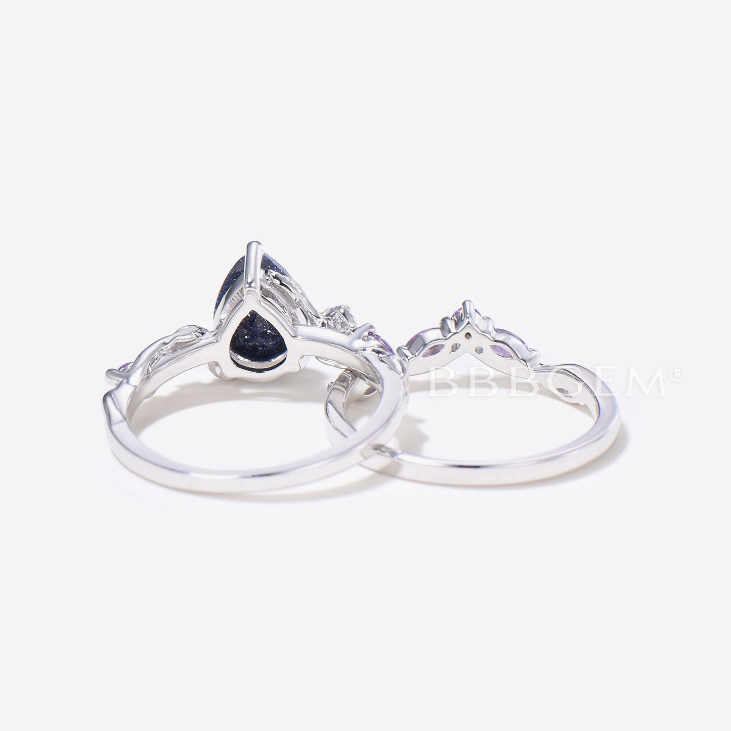 Twig Leaf Pear Blue Sandstone Ring Set Cluster Amethyst Ring