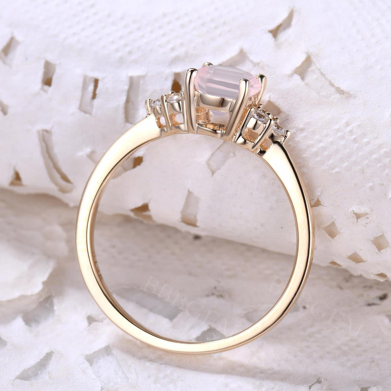 Dainty Rose Gold Rose Quartz Engagement Ring Diamond Ring Plain Gold Band