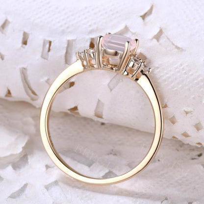 Dainty Rose Gold Rose Quartz Engagement Ring Diamond Ring Plain Gold Band