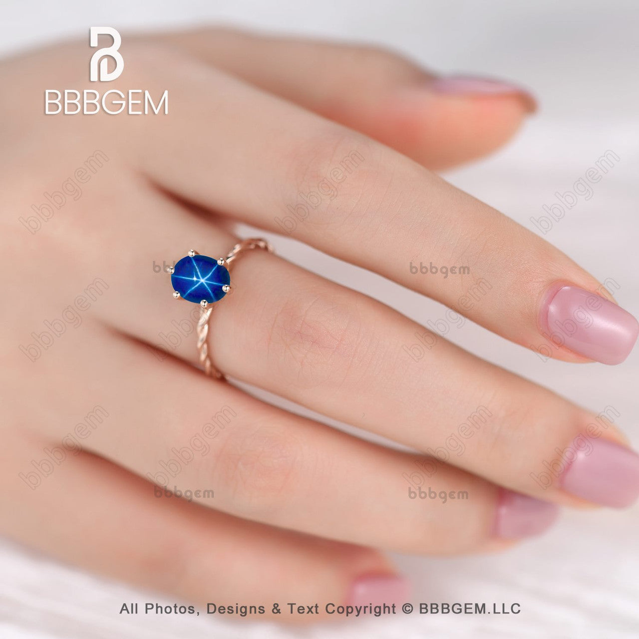 14K Rose Gold Star Sapphire Oval Ring,  1 Carat September Birthstone Blue Star Sapphire Solitaire Ring With Twisted Rope Band