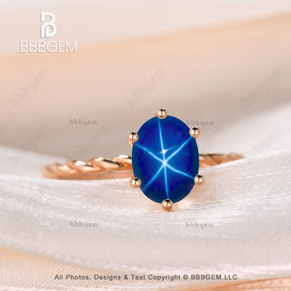 Star Sapphire Cocktail Ring-Blue Star Sapphire Solitaire Ring-Lindy Blue Star Sapphire Rose Gold Ring