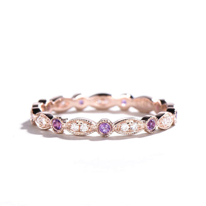 Amethyst Diamond Wedding Band Engagement Ring 14k Rose Gold Half Eternity Antique Marquise Bridal Stacking Birthstone