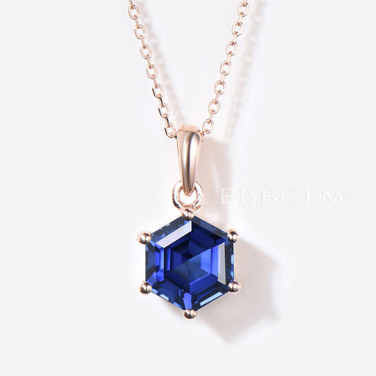 Silver Hexagon Cut Blue Sapphire Necklace 14k/18k Rose Gold Necklace Vintage Sapphire Solitaire Wedding Pendant September Birthstone Necklace