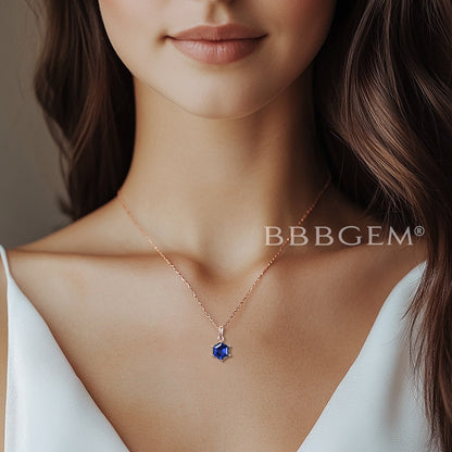 Silver Hexagon Cut Blue Sapphire Necklace 14k/18k Rose Gold Necklace Vintage Sapphire Solitaire Wedding Pendant September Birthstone Necklace