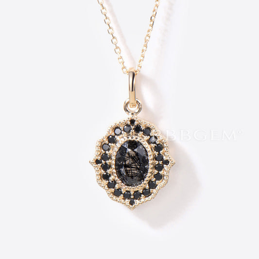 Vintage Black Rutilated Quartz Halo Necklace 14K Solid Gold Natural Black Gemstone Pendant Layer Black Spinel Necklace Antique Milgrain Necklace