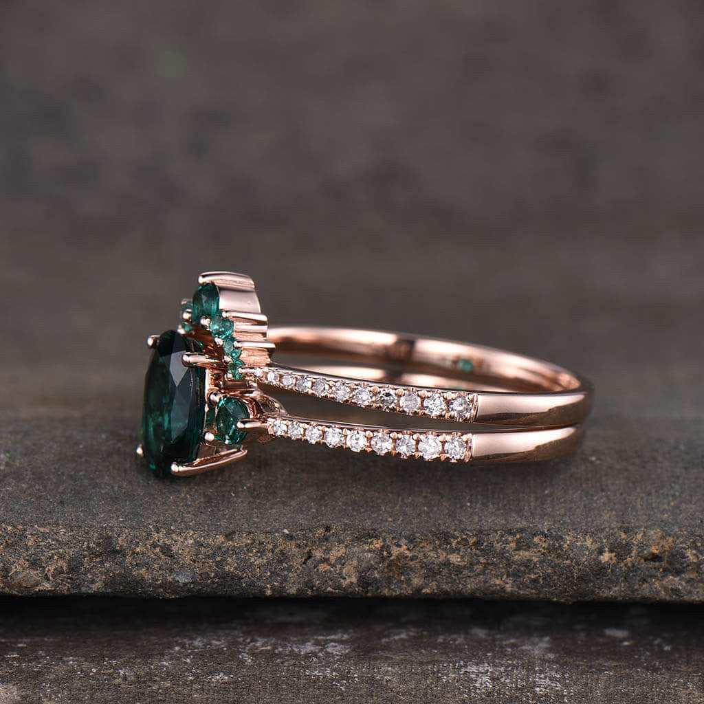 Rose Gold Emerald Ring-BBBGEM Three Stone Emerald Wedding Set