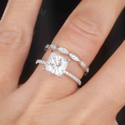 2 Carat Princess Cut Moissanite Engagement Ring Set Rose Gold Accent Diamond