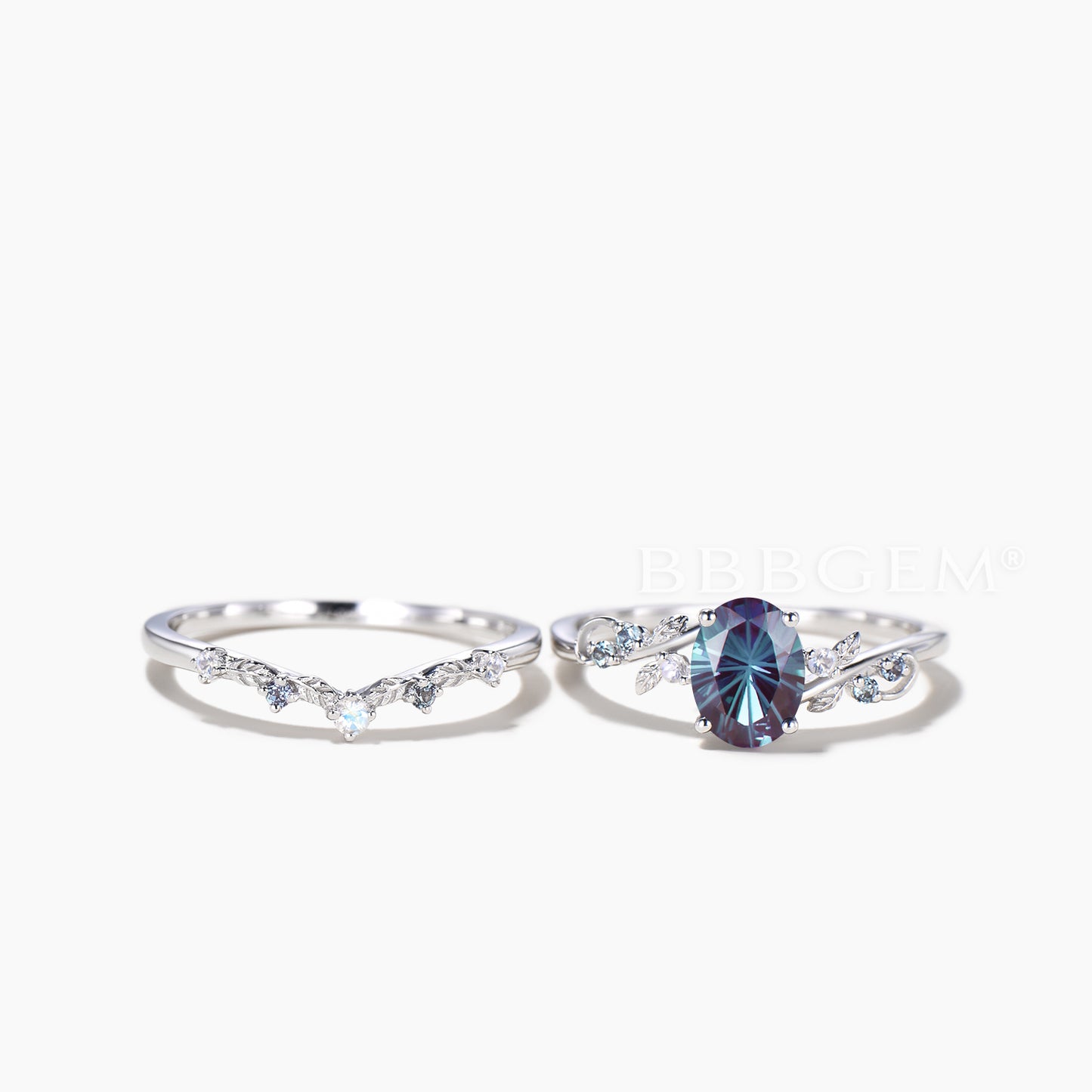 Oval Cut Color-change Alexandrite Wedding Ring Moonstone Leaf Inspired Ring Set